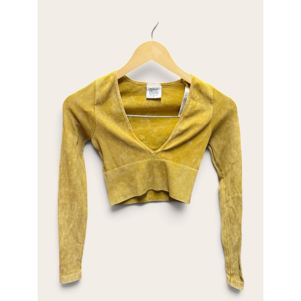 BDG Urban Outfitters Mustard Yellow Acid Wash Ribbed V-Neck Crop Top Small